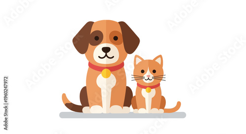 Friendly cartoon dog and cat sitting together in a modern flat design style, representing domestic animal companionship and pet care services and pet love