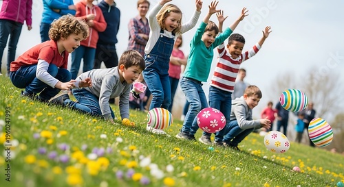 Easter egg rolling competition on a gentle grassy slope with children cheering