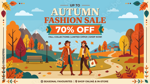 Autumn Fashion Sale Advertisement with Scenic Landscape