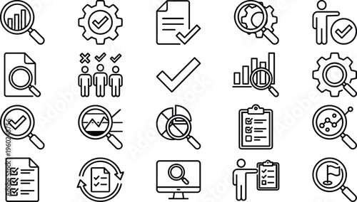 A set of line art icons representing business concepts and design elements in a vector silhouette style for use in various digital and print applications.