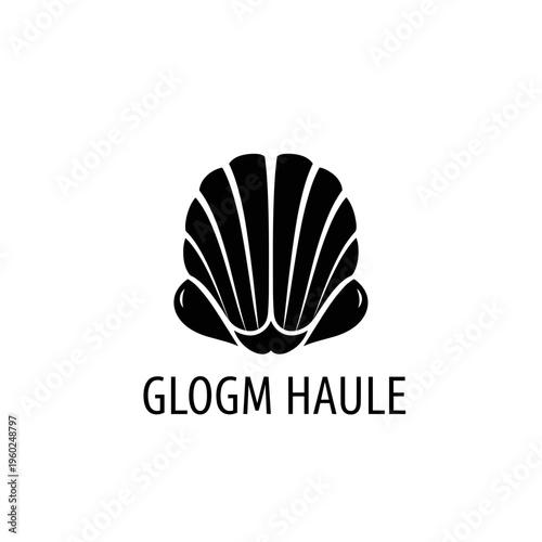 Black seashell logo on white background.