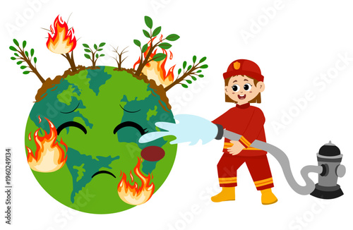 cute little kid wearing a firefighter uniform holding a fire hose that is pouring water from a fire hydrant. Vector illustration 