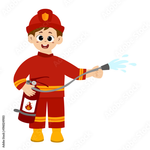 cute little kid wearing a firefighter uniform holding a fire hose that is pouring water from a fire hydrant. Vector illustration 
