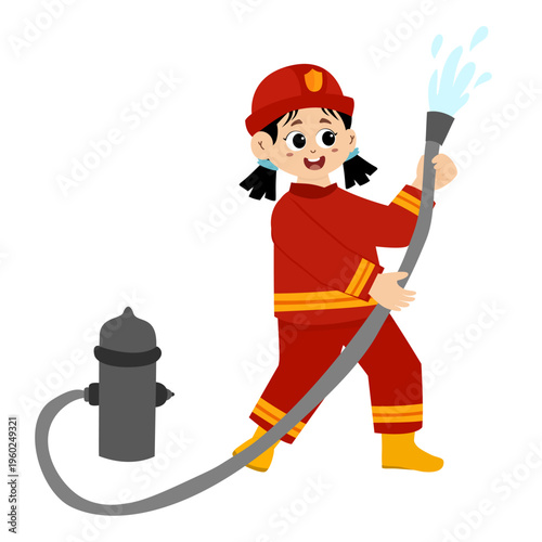 cute little kid wearing a firefighter uniform holding a fire hose that is pouring water from a fire hydrant. Vector illustration 