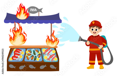 cute little kid wearing a firefighter uniform holding a fire hose that is pouring water from a fire hydrant. Vector illustration 