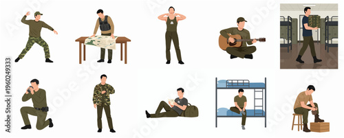 Flat Style Diverse Soldier Activities Character Set Illustration on White Background