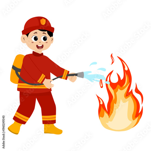 cute little kid wearing a firefighter uniform holding a fire hose that is pouring water from a fire hydrant. Vector illustration 