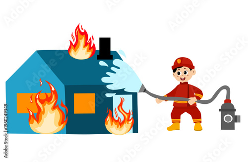 firecute little kid wearing a firefighter uniform holding a fire hose that is pouring water from a fire hydrant. Vector illustration 