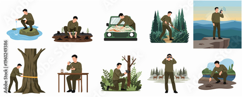 Flat Illustration Diverse Full Body Man Doing Fitness Exercise Set