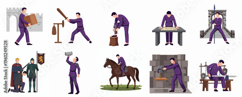 Cartoon Detailed Middle Ages Worker Daily Life Activities People Illustration Set