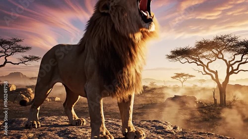 Majestic lion standing atop rocky outcrop at sunset in savannah landscape