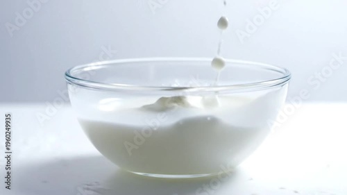 Milk pouring into a clear glass bowl creating soft splashes and smooth textures