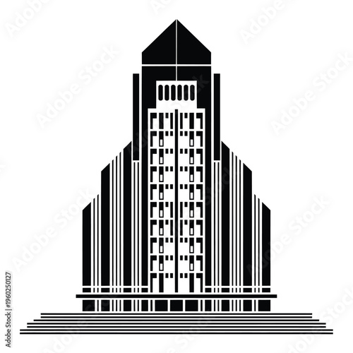 Art deco inspired building silhouette in stark black and white