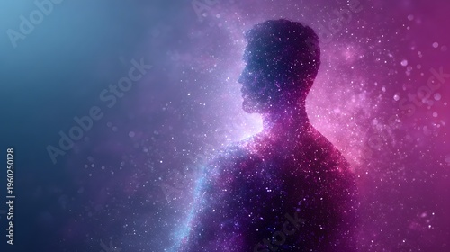 Abstract Human Silhouette Dissolving into Cosmic Particles and Light.