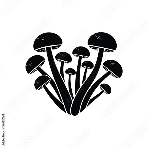 A cluster of black mushrooms depicted in a minimalist graphic style
