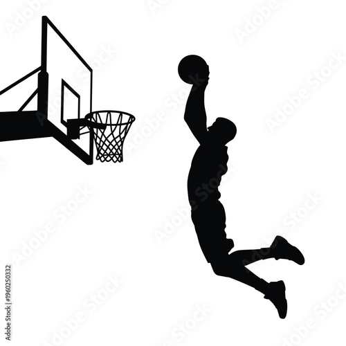 Silhouette of a basketball player in mid air executing a dunk