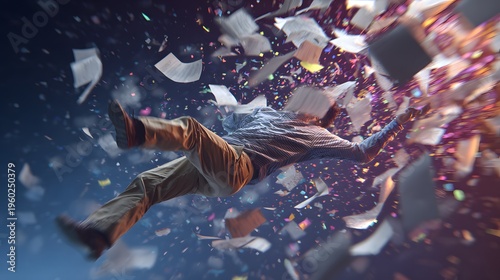 Man Falling Through Exploding Paper and Abstract Particles.