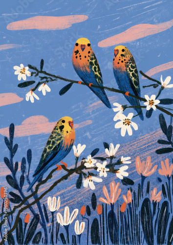 Springtime joy and vibrant nature. Three colorful budgerigar birds perched on blooming floral branches under a blue sky. Grainy textured illustration for cheerful botanical and avian spring designs.