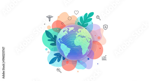 Vector illustration of a globe surrounded by colorful leaves and icons on a white background for World Health Day social media templates and global health awareness campaigns