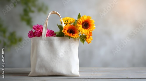 White Tote Bag Filled with Vibrant Orange and Pink Flowers.
