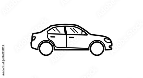 Simple black and white line art illustration of a generic sedan car from a side view. Minimalist automobile vehicle icon.