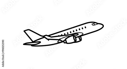 Simple line art illustration of a commercial passenger airplane in flight. Black and white outline drawing for travel and transport concepts.