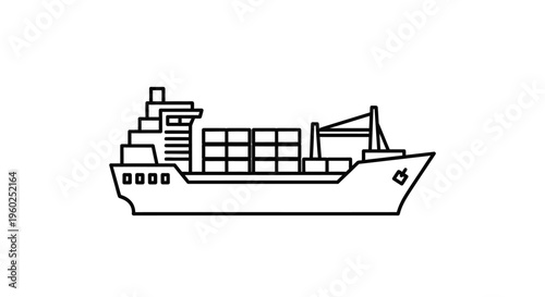 Outline illustration of a container ship carrying cargo, representing global shipping, freight transport, and maritime logistics