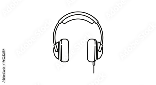Simple black line art icon of wired over-ear headphones for sound, music, audio, entertainment, podcasting, and communication.