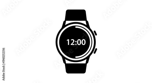 Modern digital smartwatch icon displaying 12:00. Black wearable tech device, timekeeping and connectivity flat design illustration.
