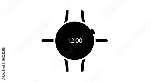Minimalist black smartwatch icon displaying 12:00. Digital wearable technology symbol for time, health, and communication.