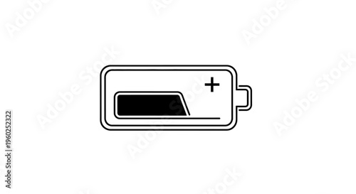 Minimalist low battery charge level icon. Black and white graphic symbol representing depleted power and energy warning.