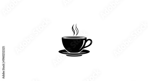 Minimalist steaming coffee cup icon on a saucer, a hot beverage symbol in black and white for cafe, break, or refreshment design.
