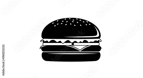 Black silhouette hamburger icon. Classic cheeseburger with sesame bun. Fast food restaurant menu symbol, flat vector illustration.