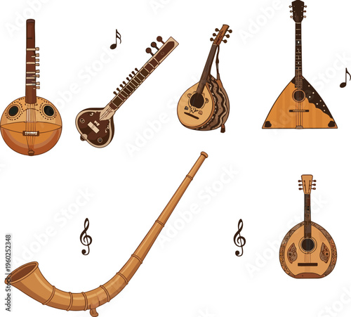 Traditional Indian Musical Instruments Vector Set with Classical String Folk Wind Instruments Cultural Heritage Music Symbols for Festival Posters Educational Materials and Design Projects