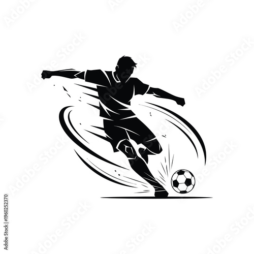 Action soccer player kicking ball silhouette stylized energetic motion swirl and speed lines creating exciting sports action graphic illustration.