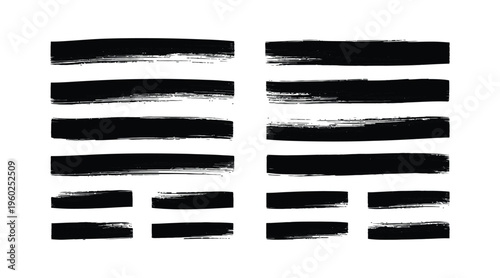 Black brush stroke set with textured horizontal lines vector collection of paint smears and dry ink markings for artistic backgrounds and creative calligraphy on transparent background.
