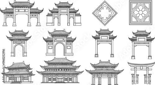 Collection of traditional Chinese and Japanese pagoda gate vector line art illustrations for oriental architectural design and cultural
