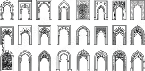Collection of Islamic arch vector line art illustrations with Moroccan doorway patterns for architectural design and creative graphic projects