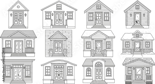 Detailed line art set of different house exterior facades for adult coloring book pages and real estate design projects