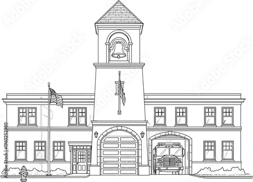 Fire station building line art illustration with fire truck and bell tower for children coloring book pages vector