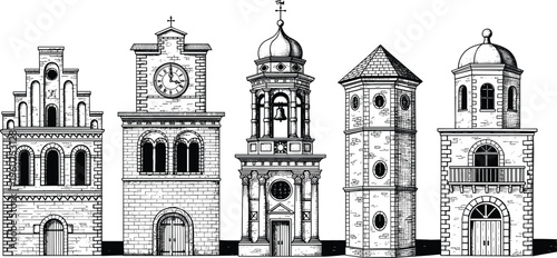 Hand drawn vintage architectural collection including medieval towers clock tower bell tower and historical facades on white background
