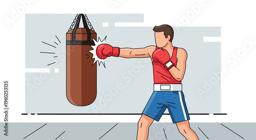 Dynamic Boxer Training Session Punching Heavy Bag Illustration