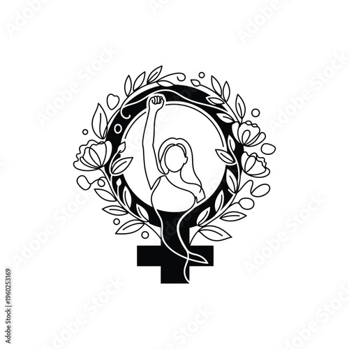 Feminist symbol with a raised fist inside a floral wreath representing women empowerment, strength, and gender equality modern line art vector graphic.