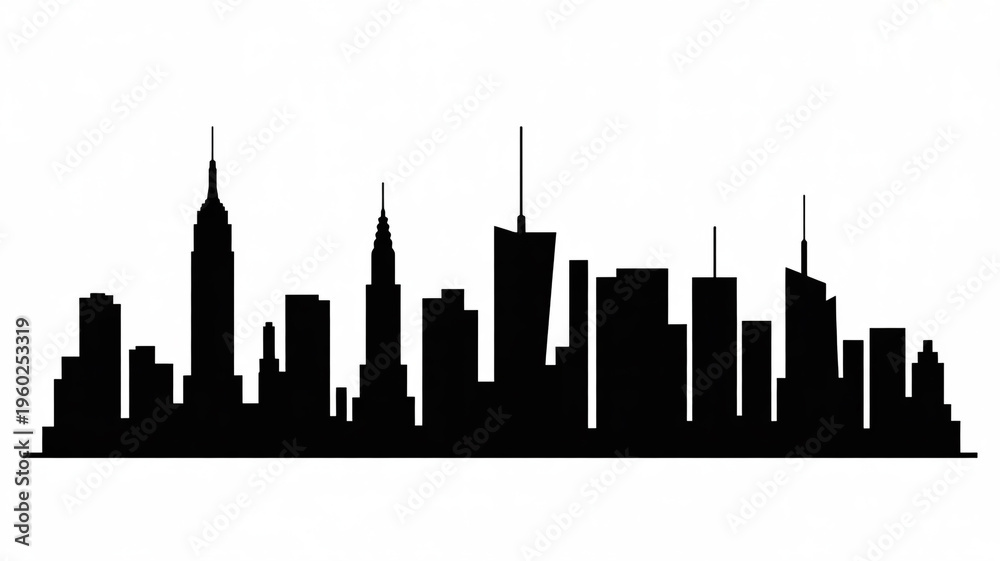 Obraz premium Black Silhouette of a City Skyline with Tall Buildings and Skyscrapers on a White Background Keywords: city skyline, silhouette, buildings, skyscrapers, urban