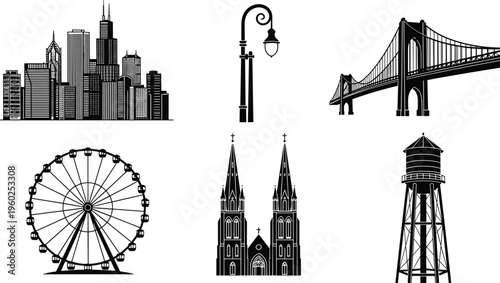 Set of black urban city silhouettes including skyline skyscrapers bridge ferris wheel cathedral and water tower on white background