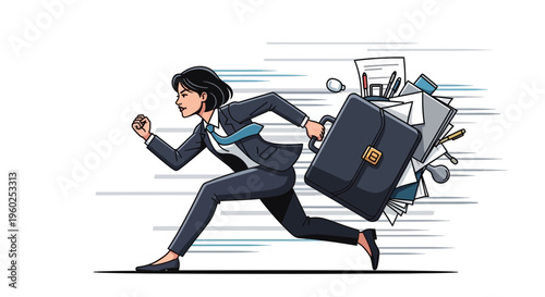 Dynamic Businesswoman Racing With Overflowing Briefcase Against Streaking Background Motion