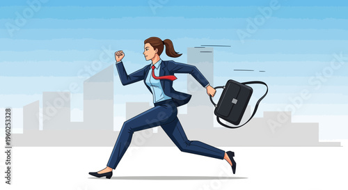 Dynamic Businesswoman Running With Briefcase In A Modern Cityscape