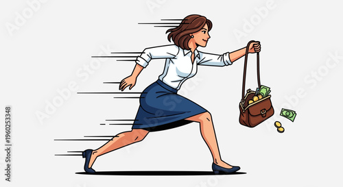 Dynamic Businesswoman Rushing With Her Purse Full Of Cash And Coins