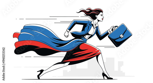 Dynamic Businesswoman Sprinting Forward With A Briefcase And Flowing Cape