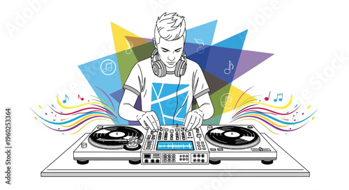 Dynamic DJ Spinning Records Creates Energetic Party Vibes With Abstract Background